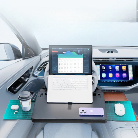 جهاز لوحي متعدد الوظائف بعجلة القيادة في السيارة - مكتب متنقل ووجبات داخل السيارة