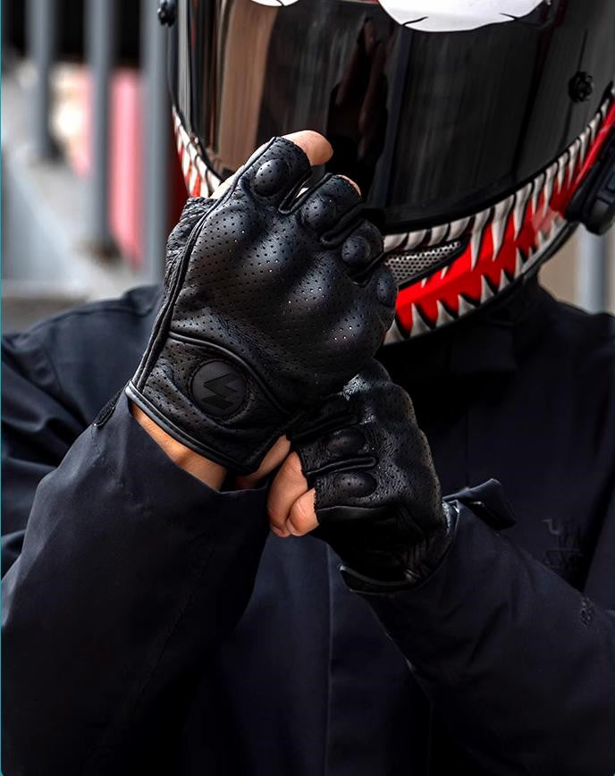 Motorcykelhandskar i PU-läder med halva fingrar – Retro och ventilerande bikerstil