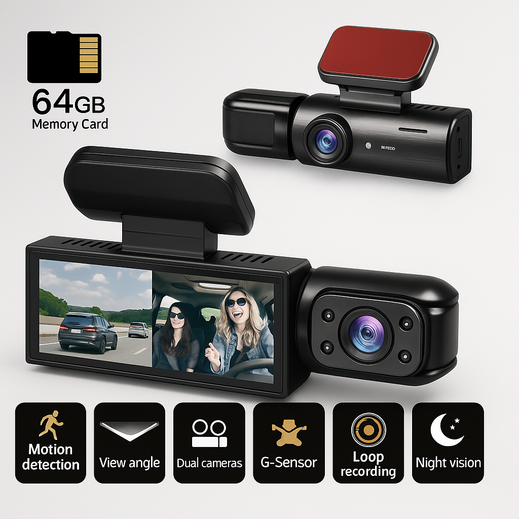 Dashcam Dupla Full HD Autó - Éjjeli Látás + Belső Kamera 